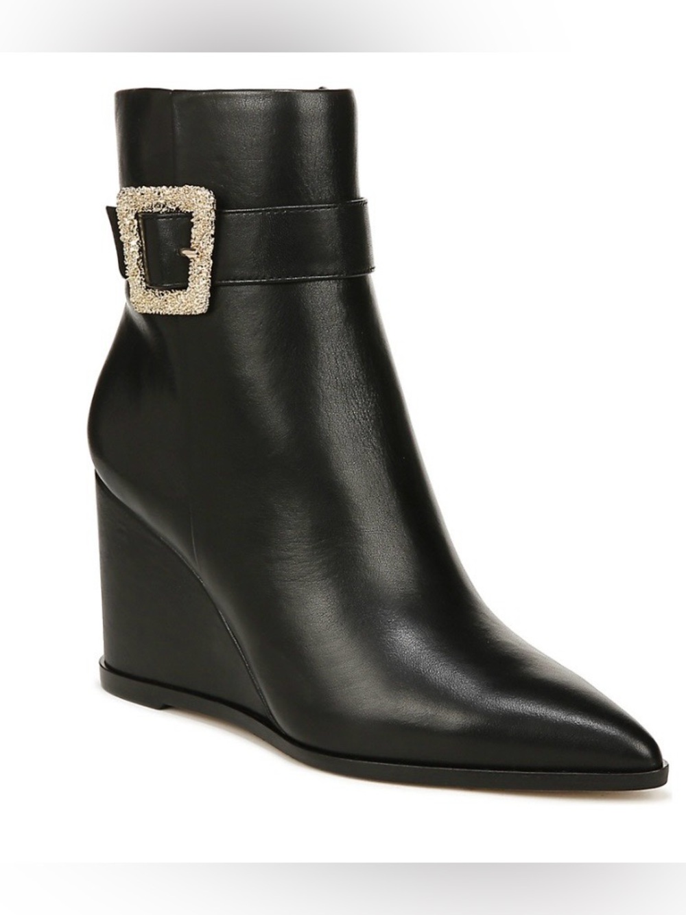 Sam Edelman Black Leather Pointed Wedge Ankle Boot with Rhinestone Buckle. NWT